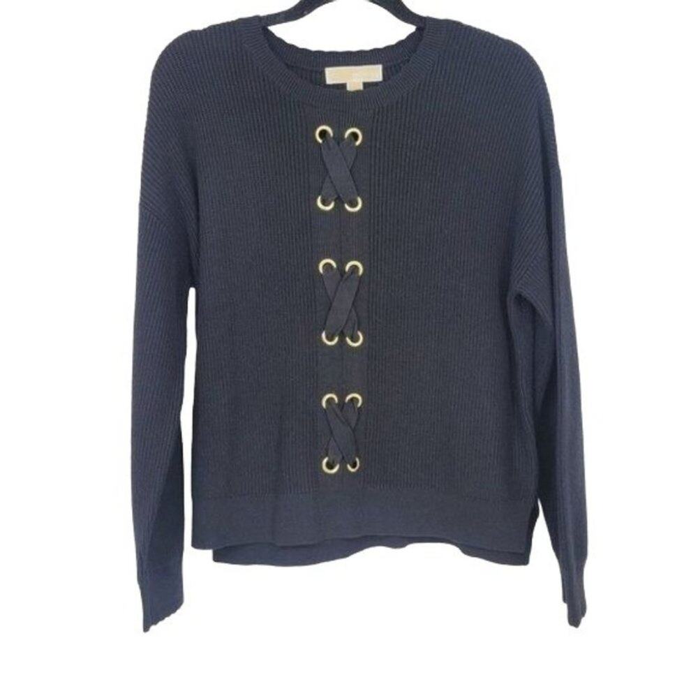 Michael Kors Black Side Slit Cotton Lace Up Grommet Front Sweater Size Medium